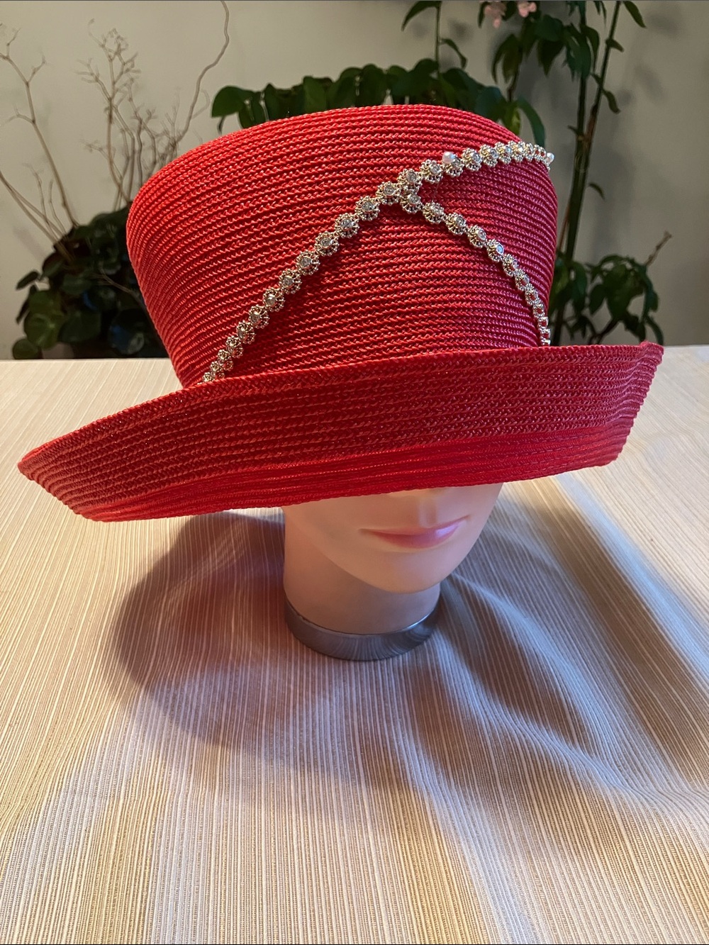 Elegant Red Straw Women's Hat with Gold Rhinestone Floral Trim